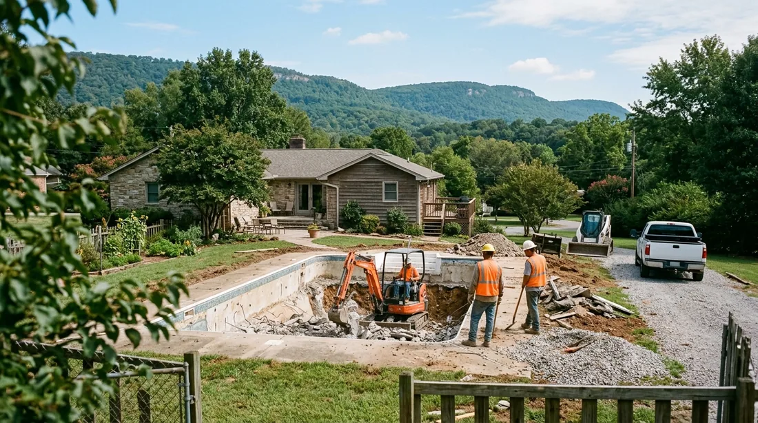 A small professional crew working on a pool removal job at a property, seen from behind and at a — Chattanooga, TN